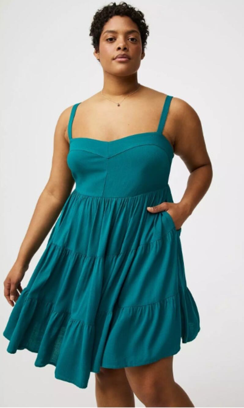 Torrid NWT Size 3X Tiered Sweetheart Mini Dress Smocked Back Teal w/ Pockets